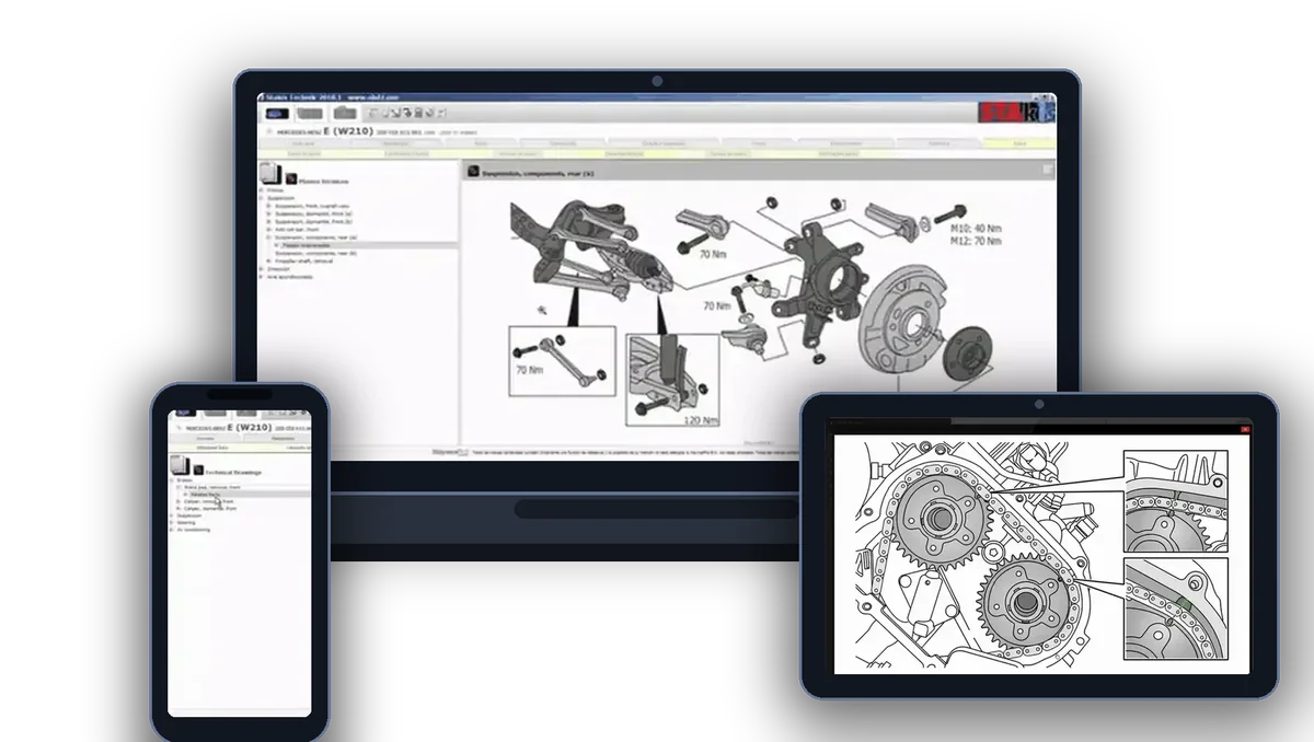A plataforma Pack Full Mecânico aberta em notebook, tablet e celular, com diagramas técnicos e torques na tela